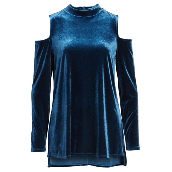 NWT Halogen Velvet Cold Shoulder Top Blue - Picture 1 of 2
